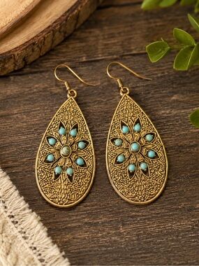 Boho Turquoise Gold Filigree Teardrop Earrings